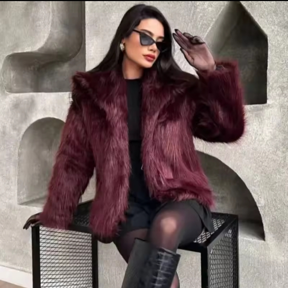 Women's Fur Coat Women Plush Burgundy Bomber Jacket Solid Crop Long Sleeve - Picture 2 of 5